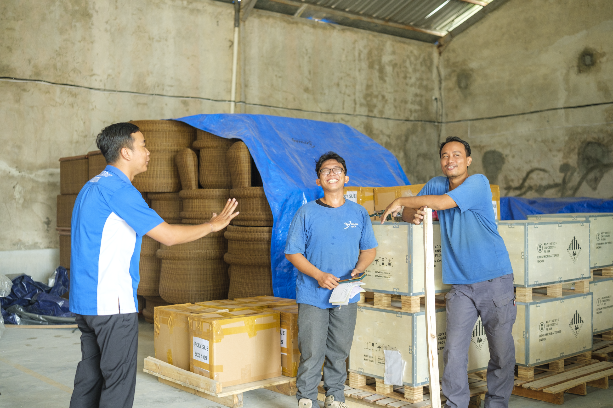 Stock stored, covered and labelled in the warehouse
